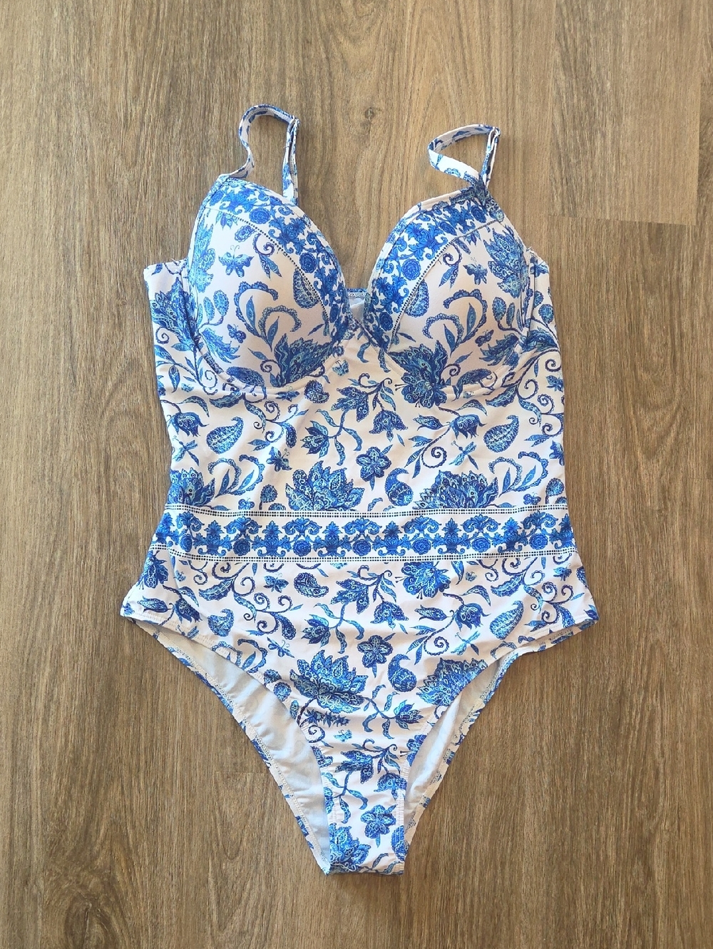 White & Blue Floral One-Piece Swimsuit Size 2XL